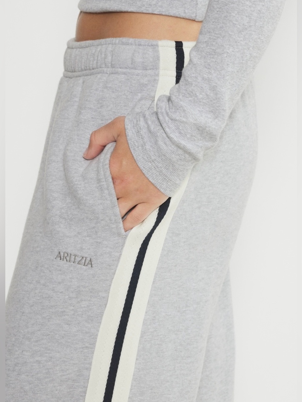 Aritzia Light Gray Joggers with Navy and White Side Stripes